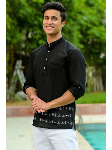 Black Embroidered Cotton Kurta